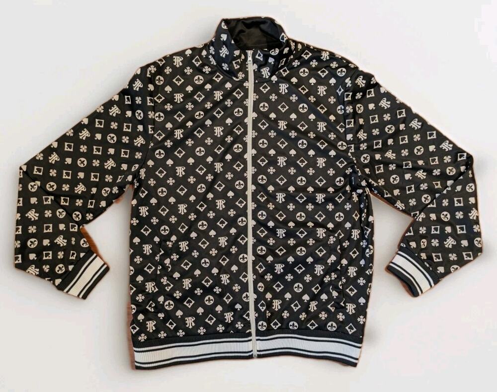 KREAM Y2K Full Zip Hoodie Mens 2XL Black Monogram All Over Print Streetwear